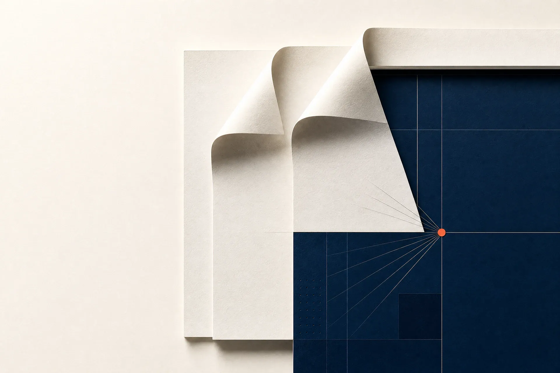 Sheets of paper lifting away from a navy plan, lines converging on a single coral point