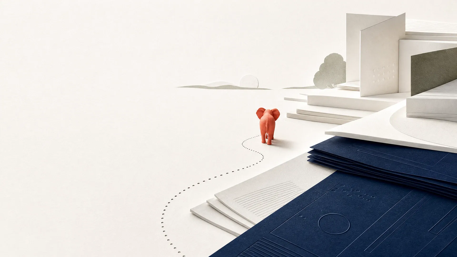 A paper-craft landscape: the ELFNY elephant walks a dotted path toward a stack of documents